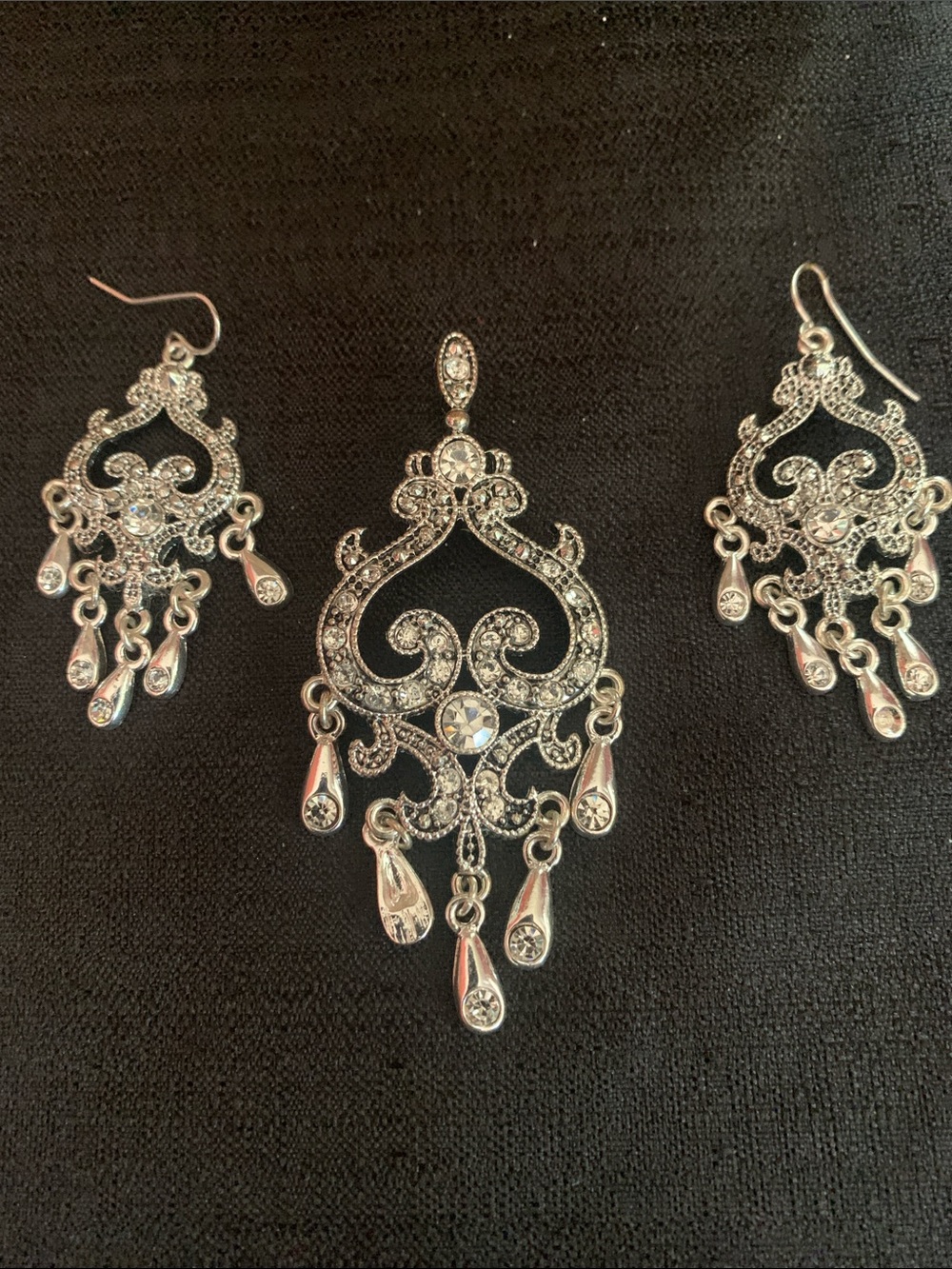Silver Filigree Chandelier Pendant and Earring Set